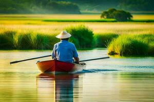 une homme dans une chapeau est aviron une bateau sur une lac. généré par ai photo