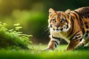 une tigre en marchant par le herbe. généré par ai photo