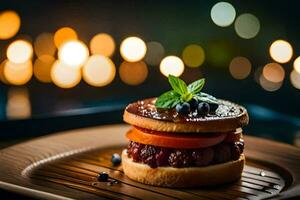 une Hamburger sur une en bois assiette avec lumières dans le Contexte. généré par ai photo