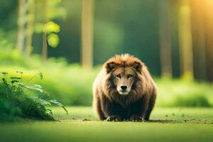 une Lion est en marchant dans le herbe dans le forêt. généré par ai photo