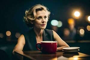 une femme séance à une table avec une tasse de café. généré par ai photo