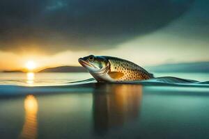 une poisson nager dans le océan à le coucher du soleil. généré par ai photo