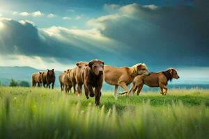 une groupe de marron chiens fonctionnement dans le herbe. généré par ai photo