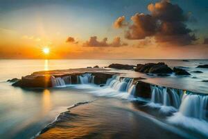 le Soleil monte plus de le océan dans cette magnifique photo. généré par ai photo