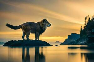 une Lion des stands sur une Roche dans le l'eau à le coucher du soleil. généré par ai photo