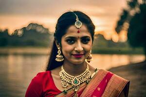 une magnifique Indien femme dans une rouge sari. généré par ai photo