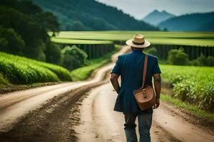 une homme en marchant vers le bas une saleté route avec une sac. généré par ai photo