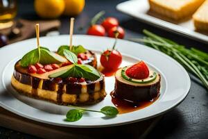 une assiette avec une cheesecake et des fraises. généré par ai photo