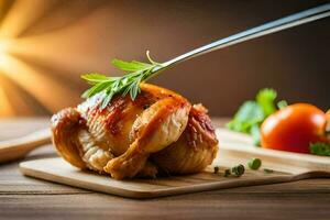 une poulet est étant tenue avec pinces sur une Coupe planche. généré par ai photo