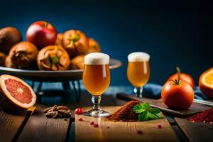 Bière et fruit sur une tableau. généré par ai photo