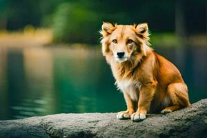 une chien séance sur une Roche par une lac. généré par ai photo