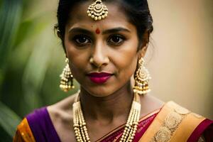 une magnifique Indien femme portant traditionnel bijoux. généré par ai photo