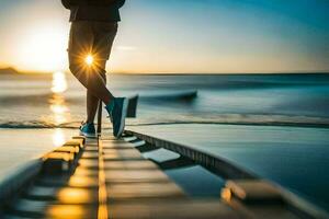 une homme en marchant sur une en bois pont à le coucher du soleil. généré par ai photo