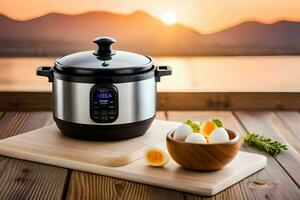 une lent cuisinier sur une en bois table avec des œufs et une bol de l'eau. généré par ai photo