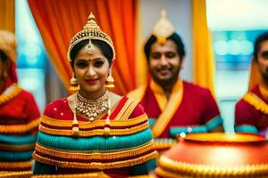 une la mariée dans traditionnel Indien tenue avec sa amis. généré par ai photo