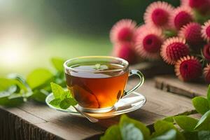 une tasse de thé sur une en bois tableau. généré par ai photo