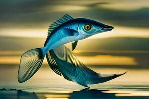 une poisson avec longue palmes est en volant plus de l'eau. généré par ai photo