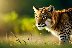 une léopard est en marchant par le herbe. généré par ai photo