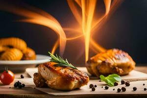 grillé poulet sur une en bois planche avec Feu. généré par ai photo