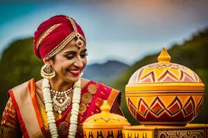 une magnifique Indien la mariée dans traditionnel tenue. généré par ai photo