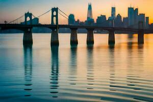 le ville horizon est réfléchi dans le l'eau à le coucher du soleil. généré par ai photo