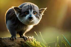 une petit gris et blanc animal permanent sur Haut de une enregistrer. généré par ai photo