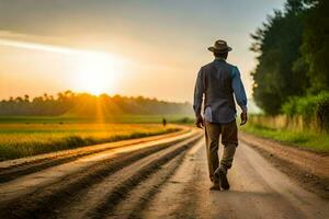 une homme en marchant vers le bas une saleté route à le coucher du soleil. généré par ai photo