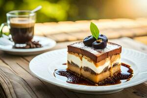 une pièce de gâteau avec cerises et café sur une plaque. généré par ai photo