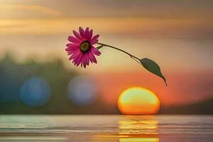 une fleur flottant dans le l'eau à le coucher du soleil. généré par ai photo