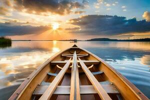 une canoë est vu dans le l'eau à le coucher du soleil. généré par ai photo