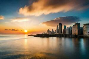 le Soleil ensembles plus de le ville horizon dans cette photo. généré par ai photo