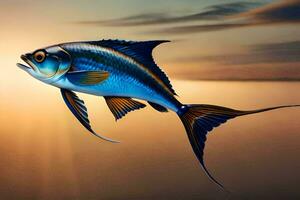 une poisson est en volant dans le ciel à le coucher du soleil. généré par ai photo