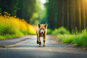 une chien en marchant vers le bas une route dans le milieu de une forêt. généré par ai photo