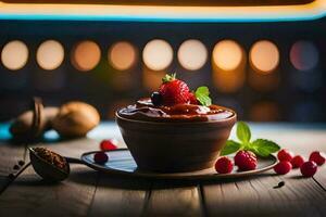 une dessert avec des fraises et menthe sur une en bois tableau. généré par ai photo