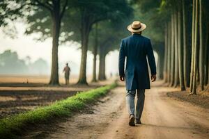 une homme dans une costume et chapeau en marchant vers le bas une saleté route. généré par ai photo