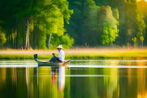 une homme dans une bateau sur une Lac avec des arbres dans le Contexte. généré par ai photo