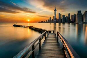 le ville horizon à le coucher du soleil dans shanghaï. généré par ai photo