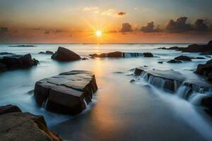 le Soleil monte plus de le océan et rochers. généré par ai photo