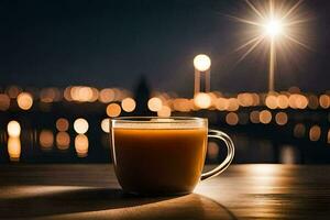 une tasse de café sur une en bois table dans de face de une paysage urbain à nuit. généré par ai photo