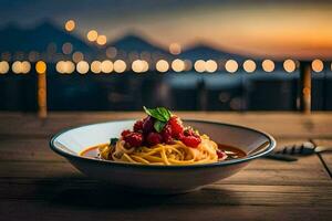 une assiette de Pâtes avec tomate sauce et une vue de le ville. généré par ai photo