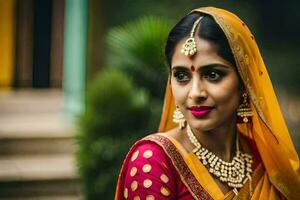 une magnifique Indien la mariée dans traditionnel tenue. généré par ai photo