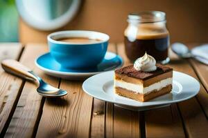 café et dessert sur une en bois tableau. généré par ai photo