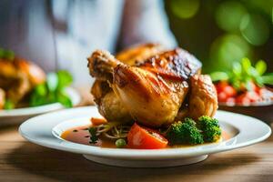 une la personne est en portant une poulet sur une plaque. généré par ai photo