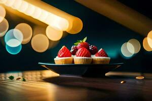 une assiette avec petits gâteaux et baies sur une tableau. généré par ai photo