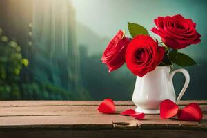 rouge des roses dans une blanc vase sur une en bois tableau. généré par ai photo