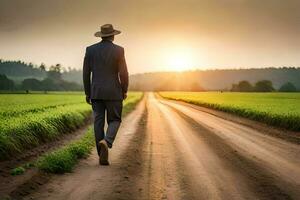 une homme dans une costume et chapeau en marchant vers le bas une saleté route. généré par ai photo