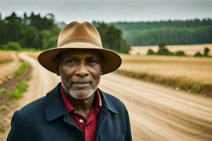 un plus âgée homme dans une chapeau permanent dans une saleté route. généré par ai photo