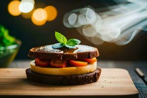 une sandwich avec des fraises et crème sur une en bois Coupe planche. généré par ai photo