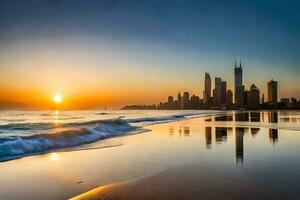 le Chicago horizon est réfléchi dans le l'eau à le coucher du soleil. généré par ai photo