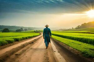 une homme en marchant dans une champ à le coucher du soleil. généré par ai photo